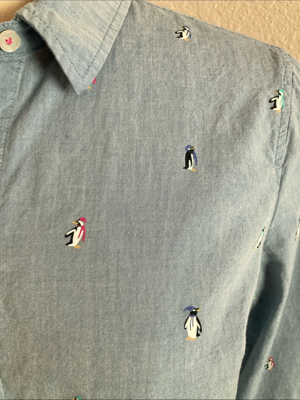Talbots Light Blue Button-Down Shirt with Whimsical Penguin Motif